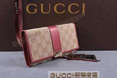 gucci 233028 淺杏布棗紅皮 古奇帆布配皮錢(qián)包